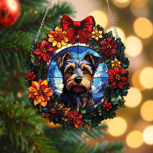 Border Terrier Christmas Wreath Suncatcher